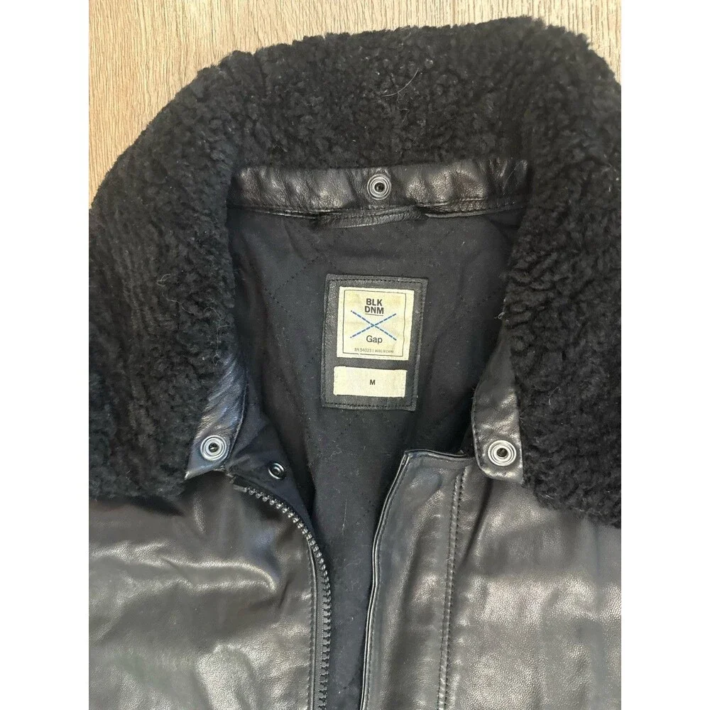 BLK DNM x GAP Mens Medium Black Leather Jacket Detachable Hood Rare (damage)